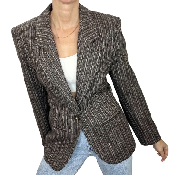 Vintage Jackets & Blazers - Vintage tailored preppy old money tweed stripe brown fitted jacket blazer